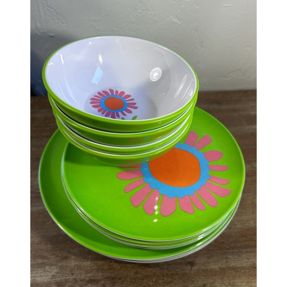Set Of Groovy Flower Power Bright Multicolor Melamine Dining Set
